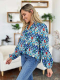 Double Take Full Size Printed Balloon Sleeve Blouse - Trendsi - Flyclothing LLC