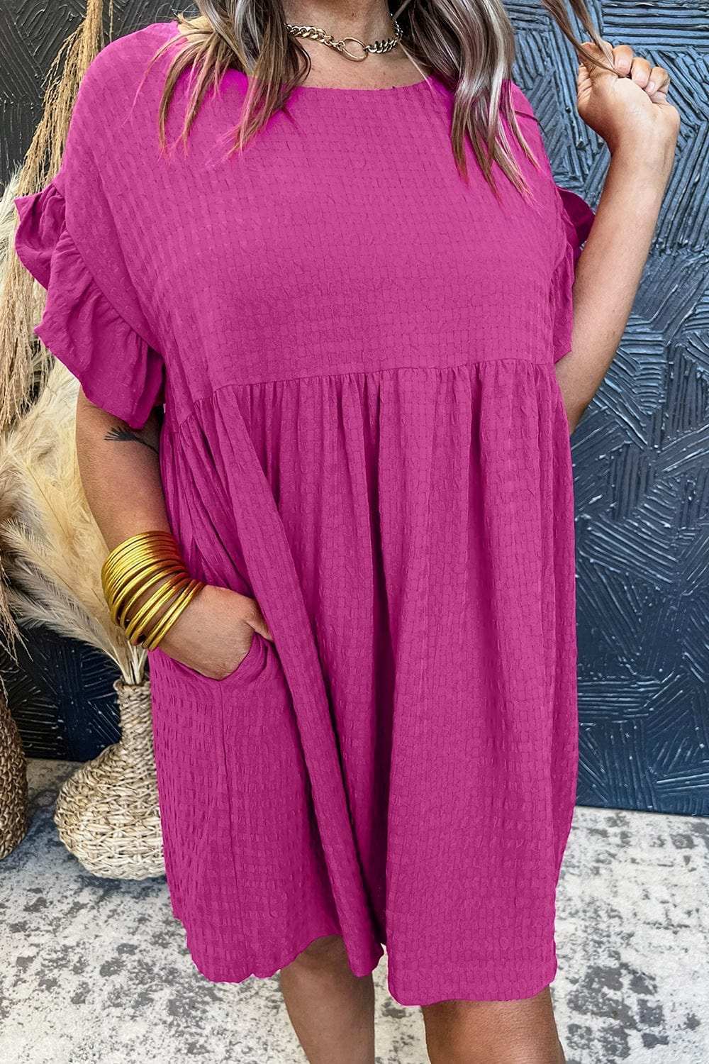 Round Neck Flounce Sleeve Mini Dress - Trendsi - Flyclothing LLC