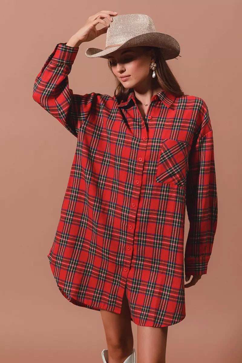 SO ME Christmas Checker Plaid Button Up Shirt Dress - Trendsi - Flyclothing LLC