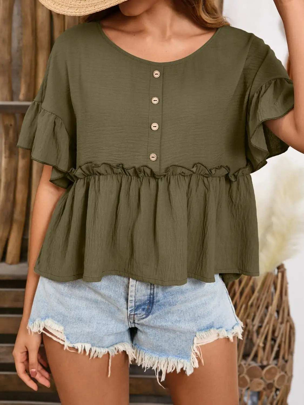 Frill Decorative Button Round Neck Half Sleeve Blouse - Trendsi - Flyclothing LLC