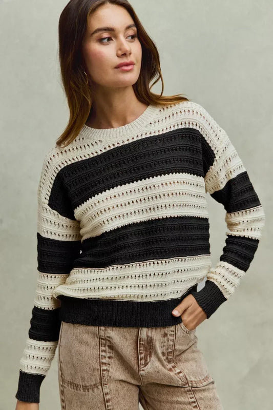 SO ME Openwork Round Neck Wide Stripe Textured Sweater - Trendsi - Flyclothing LLC