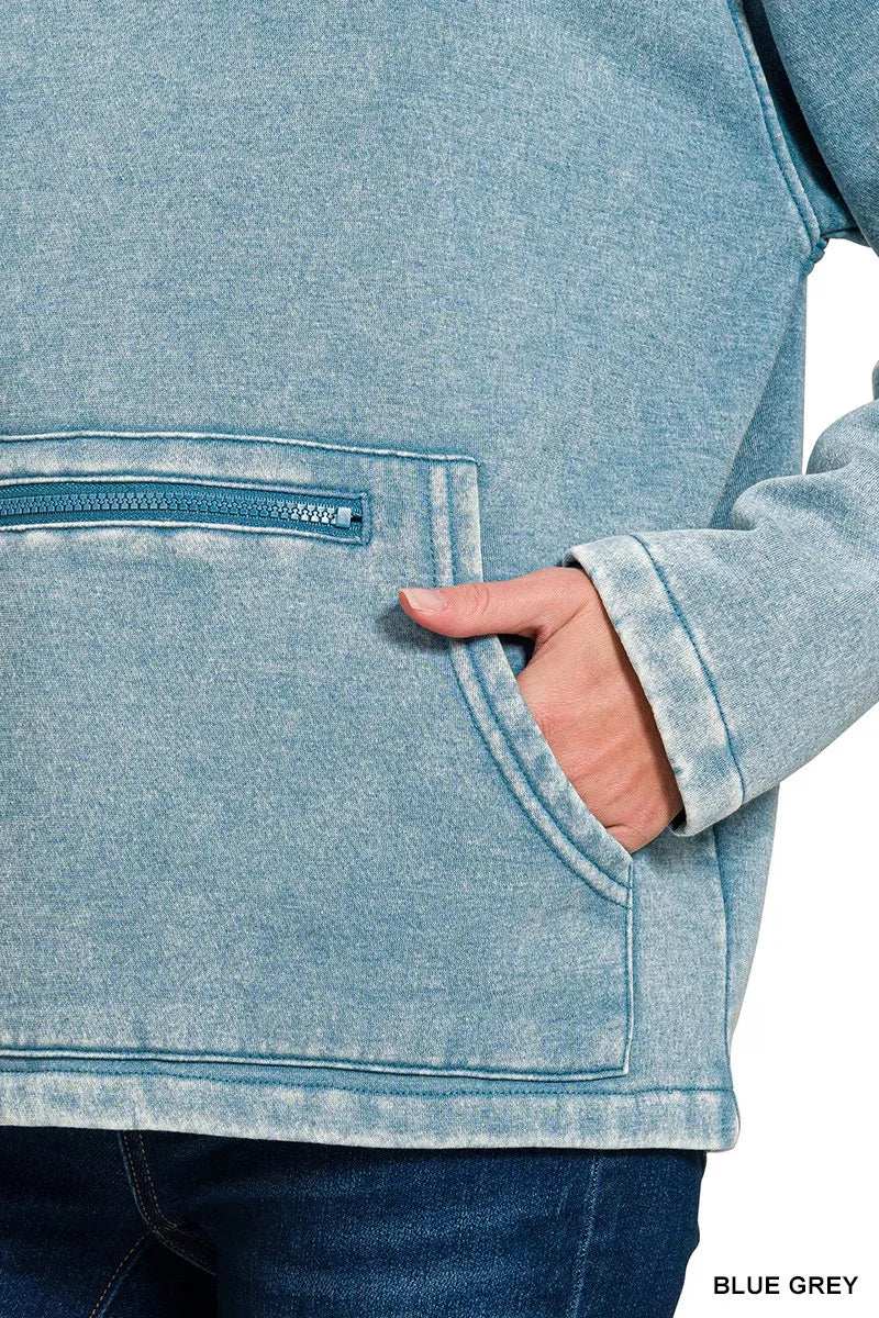 Zenana Fleece Washed High Neck Kangaroo Pocket Sweatshirt - Trendsi - Flyclothing LLC