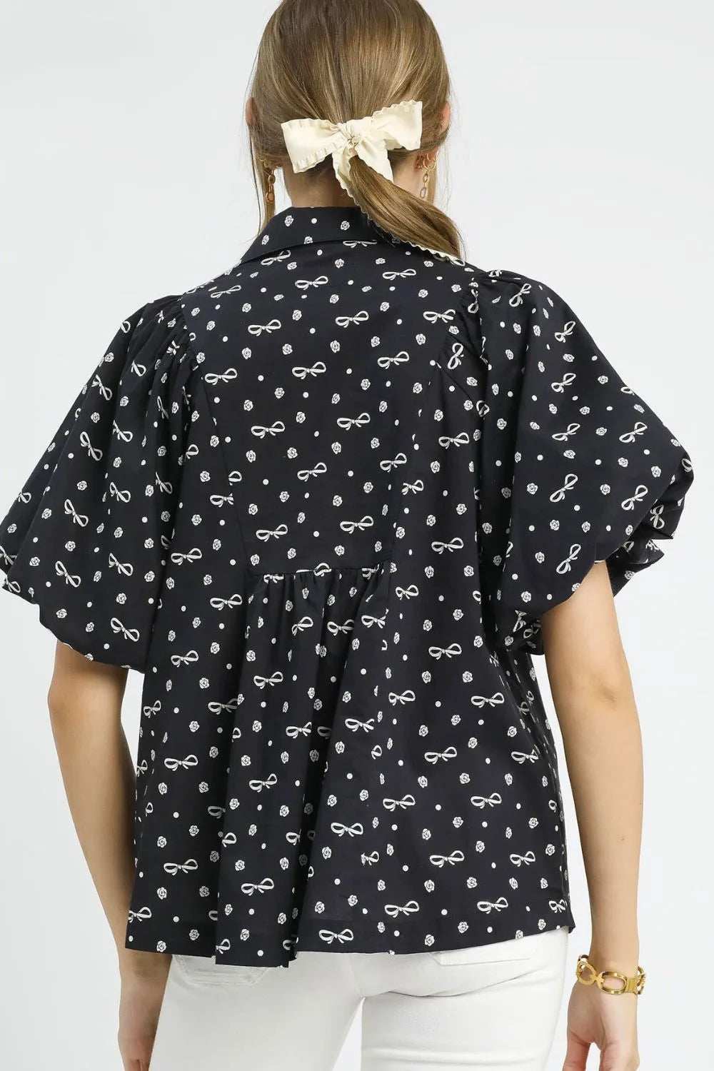 Umgee Bow Print Puff Sleeve Blouse - Trendsi - Flyclothing LLC