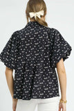 Umgee Bow Print Puff Sleeve Blouse - Trendsi - Flyclothing LLC