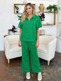 Double Take Full Size Texture Half Zip Short Sleeve Top and Pants Set - Trendsi - Flyclothing LLC