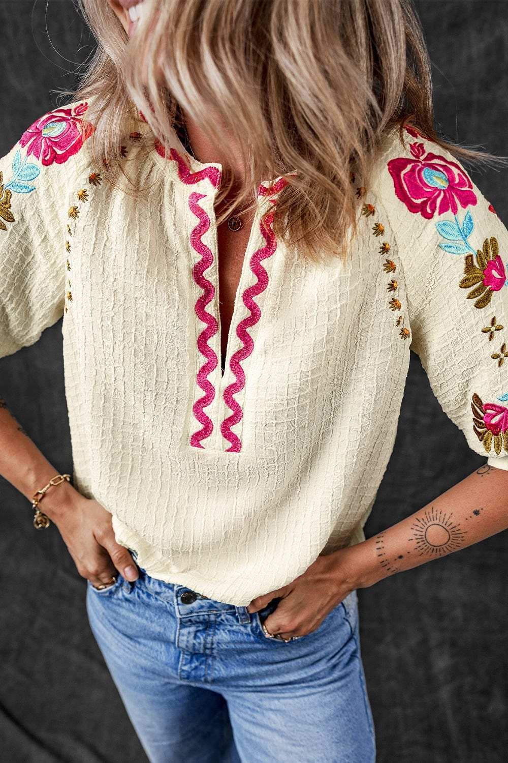Floral Embroidered Notched Puff Sleeve Blouse - Trendsi - Flyclothing LLC