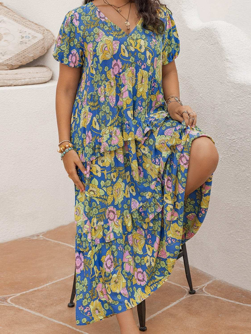 Plus Size Printed V-Neck Short Sleeve Maxi Dress - Trendsi - Flyclothing LLC