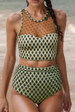 Dotted Mesh Plaid Patchwork High Waisted Swim Set - Trendsi - Flyclothing LLC