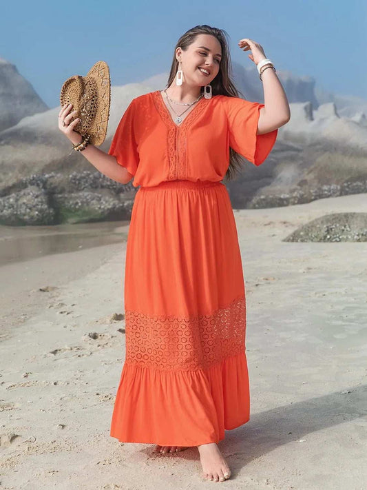 Plus Size V-Neck Flutter Sleeve Maxi Dress - Trendsi - Flyclothing LLC