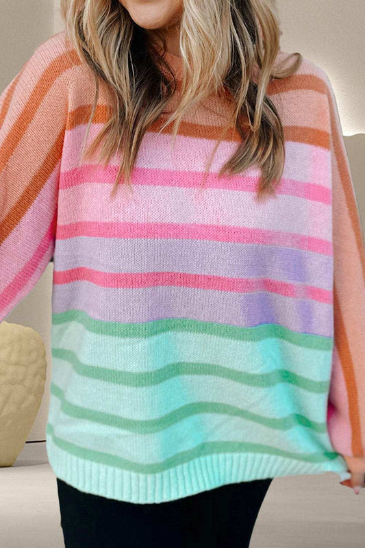 Contrast Striped Round Neck Long Sleeve Knit Top - Trendsi - Flyclothing LLC