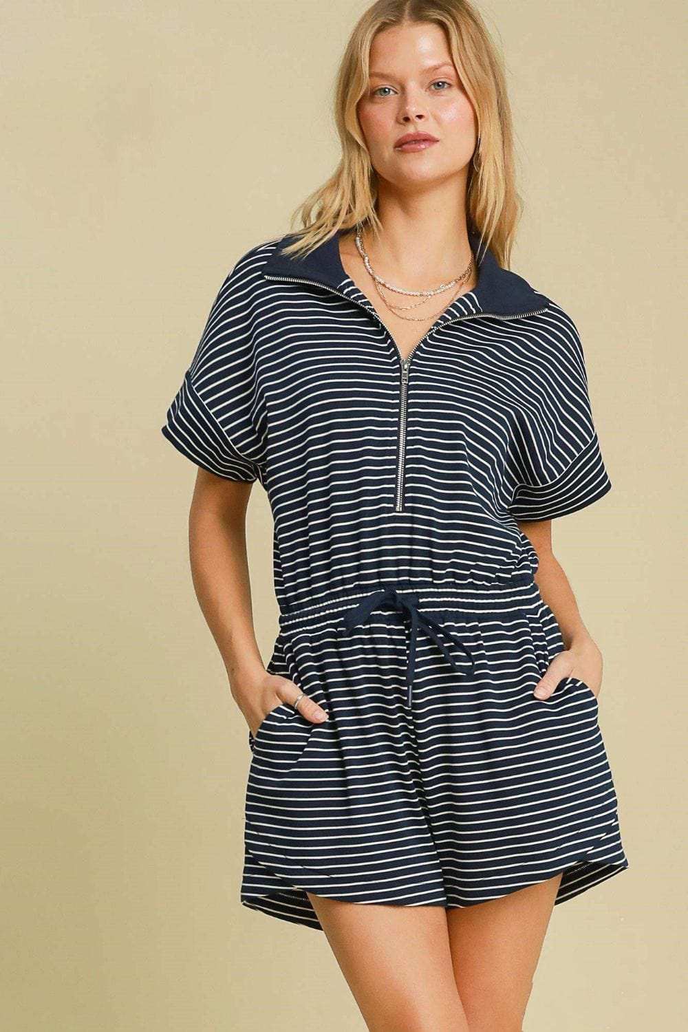 Umgee Full Size Half Zip Striped Romper Plus Size - Trendsi - Flyclothing LLC