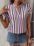 Striped Notched Short Sleeve Shirt - Trendsi - Flyclothing LLC
