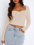 Long Sleeve Sweetheart Neck Crop T-Shirt - Trendsi - Flyclothing LLC