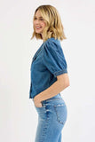 RISEN Button Down Puff Sleeve Crop Denim Shirt - Trendsi - Flyclothing LLC