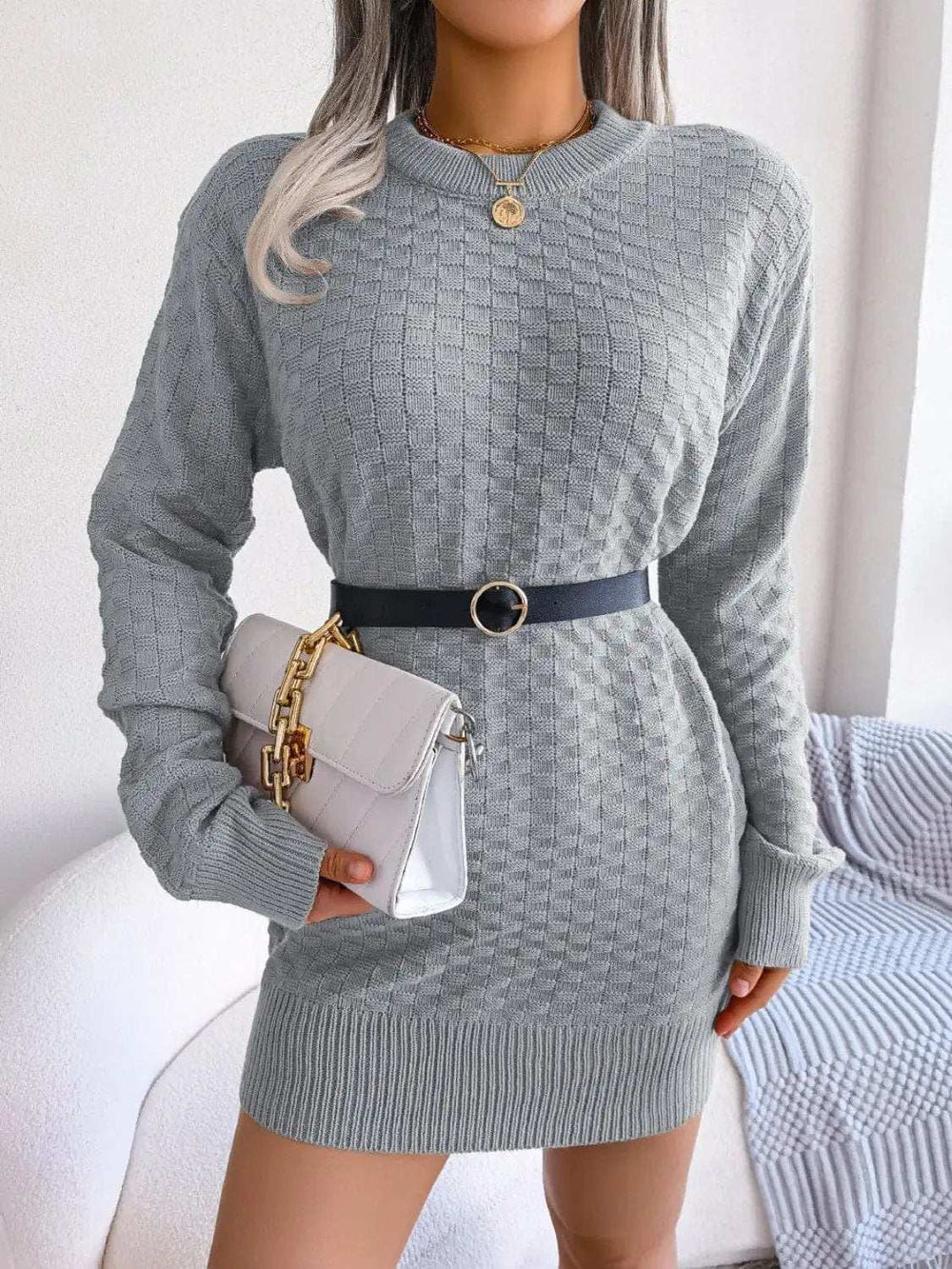 Round Neck Long Sleeve Mini Sweater Dress - Trendsi - Flyclothing LLC
