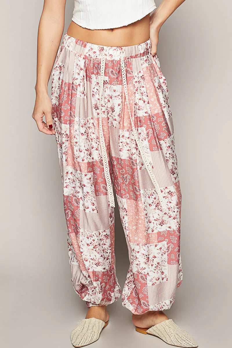 POL Drawstring Floral Patchwork Wide leg Pants - Trendsi - Flyclothing LLC