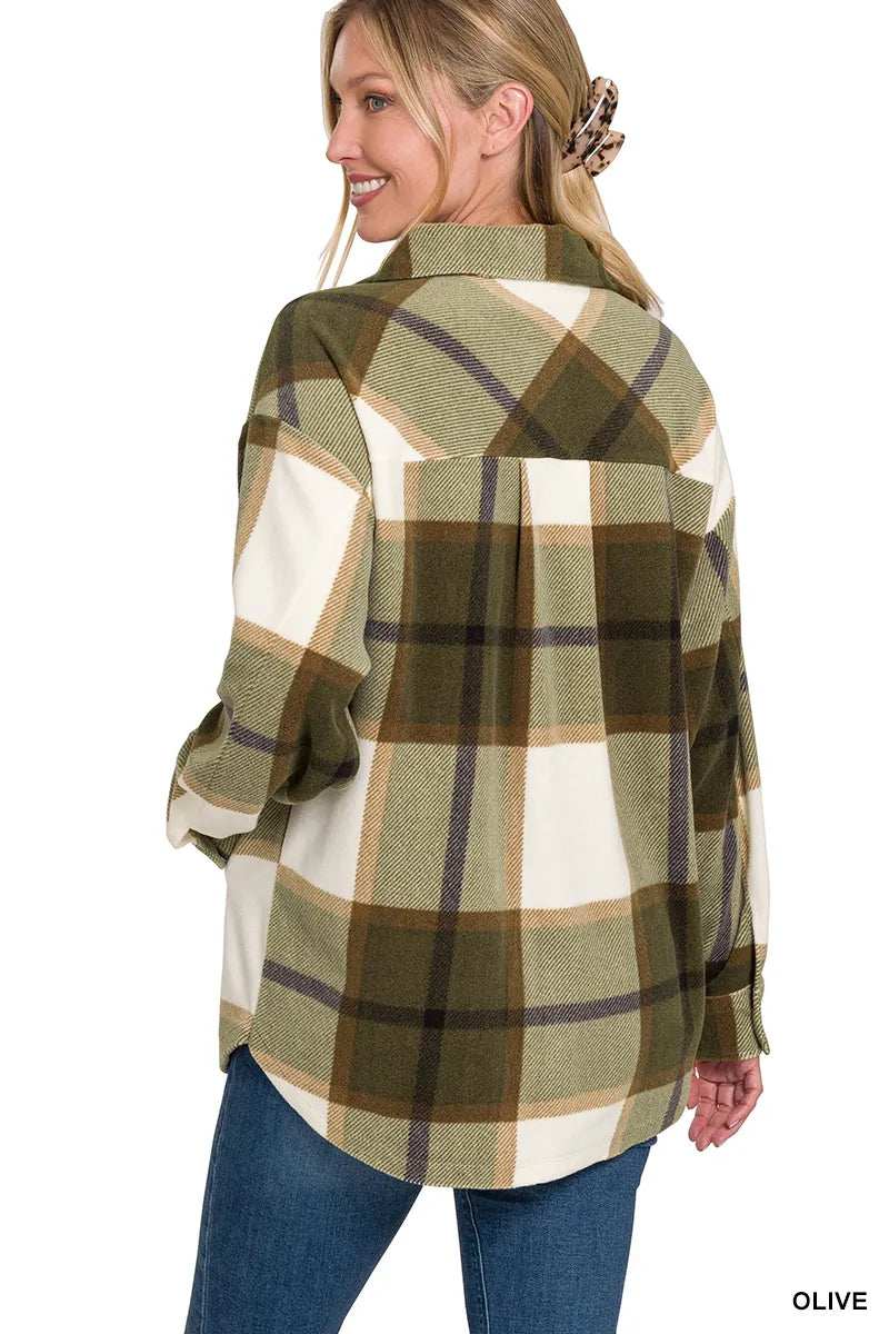 Zenana Oversized Plaid Fleece Shacket - Trendsi - Flyclothing LLC