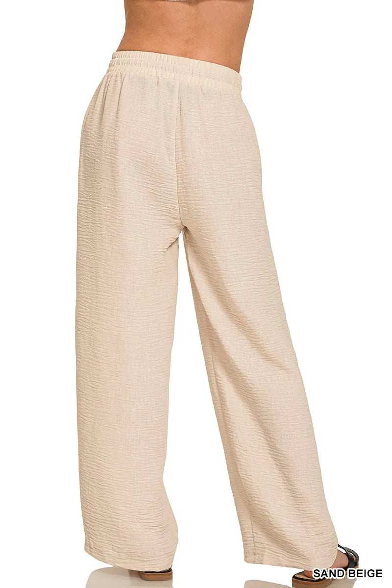 Zenana Woven Crepe Elastic Band Pants - Trendsi - Flyclothing LLC