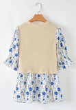 Waffle-Knit Printed Round Neck Flounce Sleeve Blouse - Trendsi - Flyclothing LLC