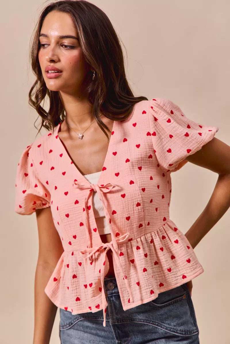SO ME All Over Heart Ribbon Tie Baby Doll Valentine Blouse - Trendsi - Flyclothing LLC