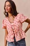 SO ME All Over Heart Ribbon Tie Baby Doll Valentine Blouse - Trendsi - Flyclothing LLC