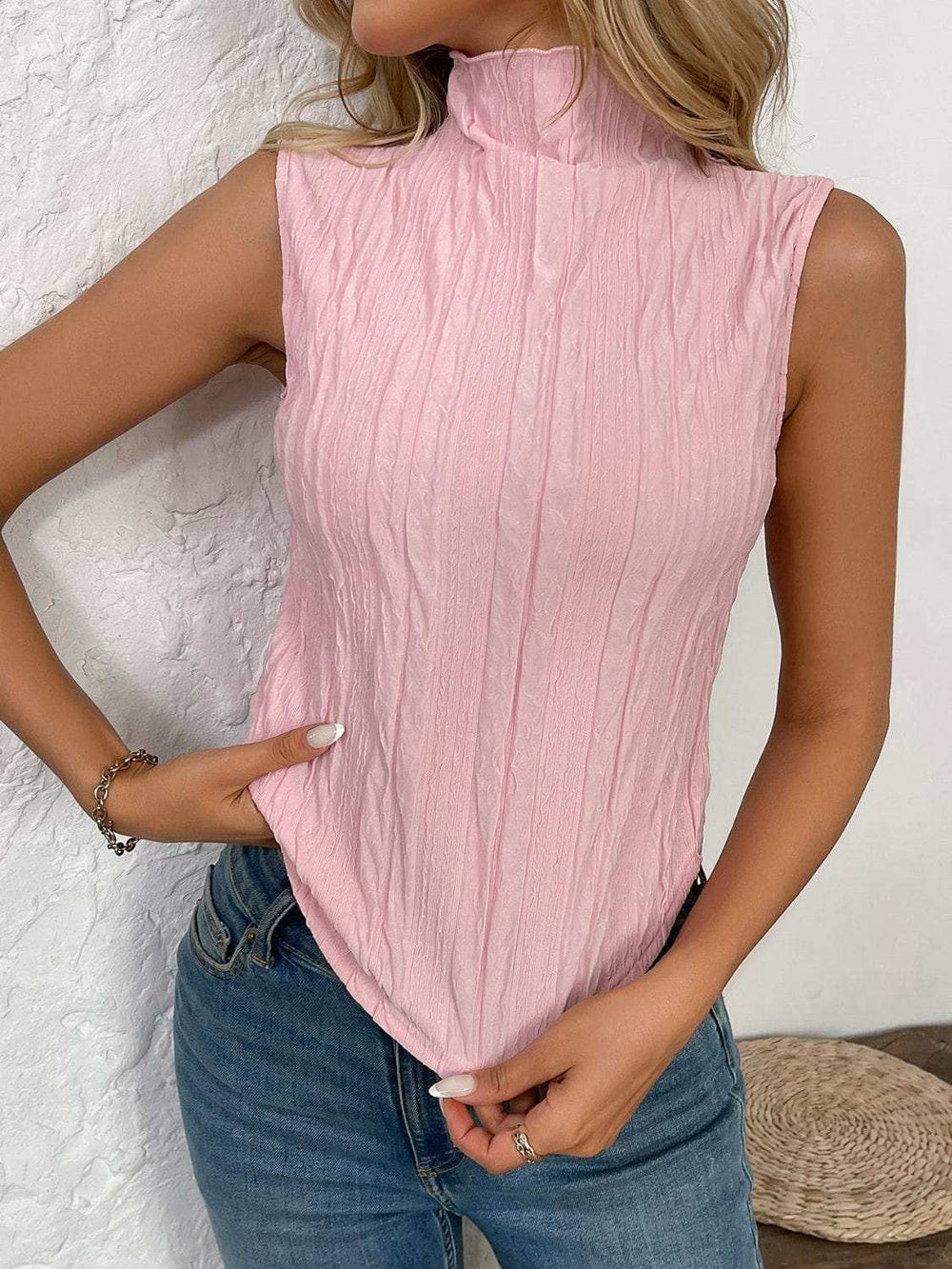 Texture Turtleneck Sleeveless Top - Trendsi - Flyclothing LLC