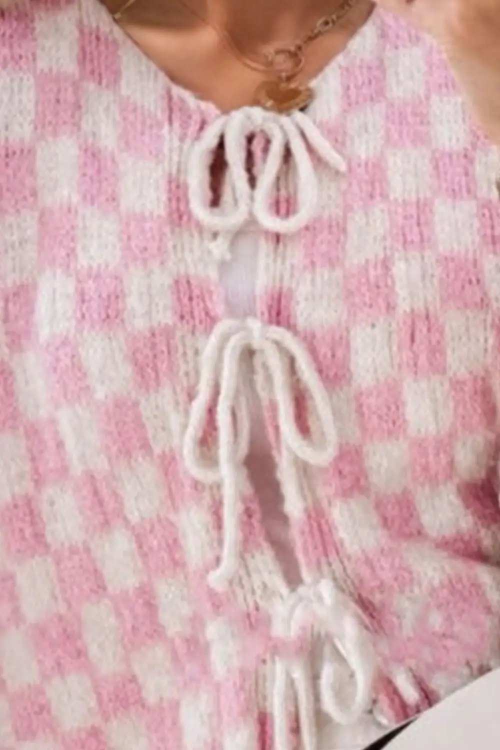 Double Take Tied Checkered Dropped Shoulder Flounce Sleeve Cardigan - Trendsi - Flyclothing LLC