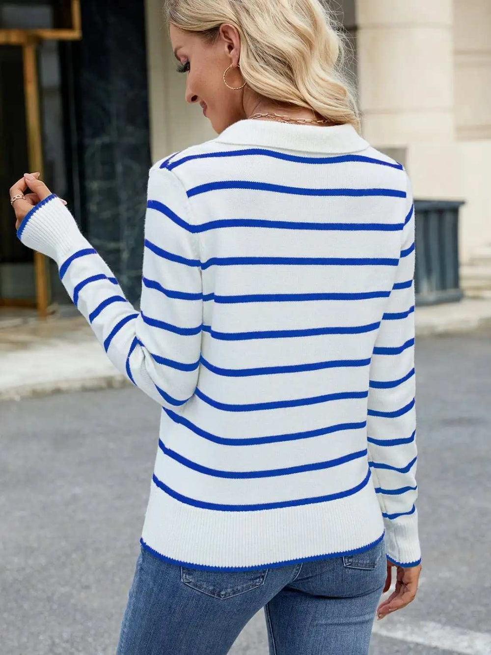 Striped Johnny Collar Long Sleeve Sweater - Trendsi - Flyclothing LLC
