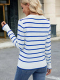 Striped Johnny Collar Long Sleeve Sweater - Trendsi - Flyclothing LLC