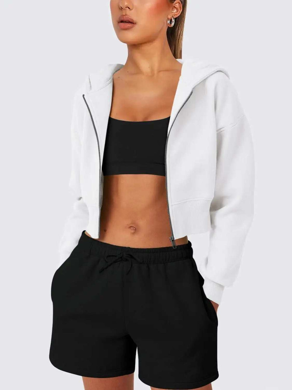 Zip Up Long Sleeve Hooded Cropped Jacket - Trendsi - Flyclothing LLC