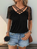 Lace Detail V-Neck Short Sleeve T-Shirt - Trendsi - Flyclothing LLC