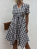 Plaid Notched Short Sleeve Dress - Trendsi - Flyclothing LLC