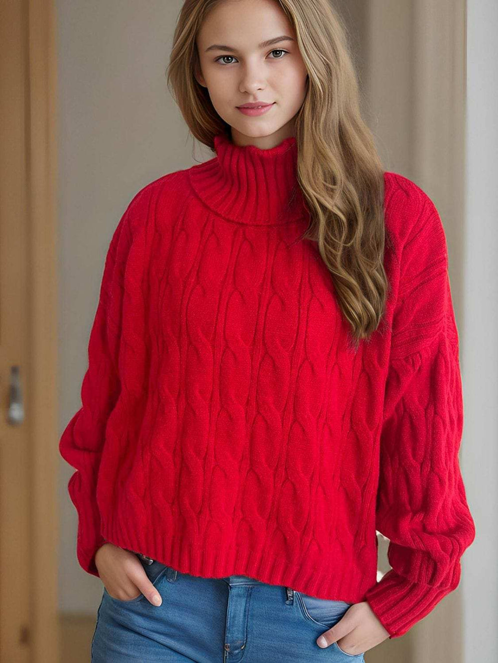 Cable-Knit Turtleneck Long Sleeve Sweater - Trendsi - Flyclothing LLC