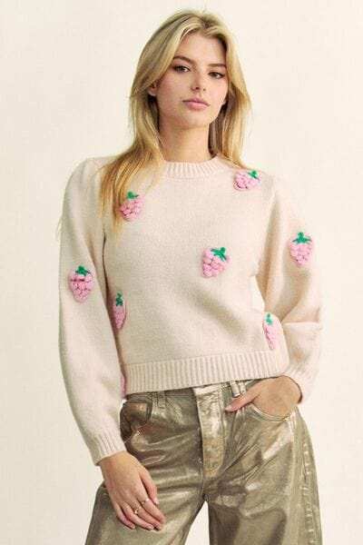 Davi & Dani Crochet Strawberry Round Neck Sweater - Trendsi - Flyclothing LLC