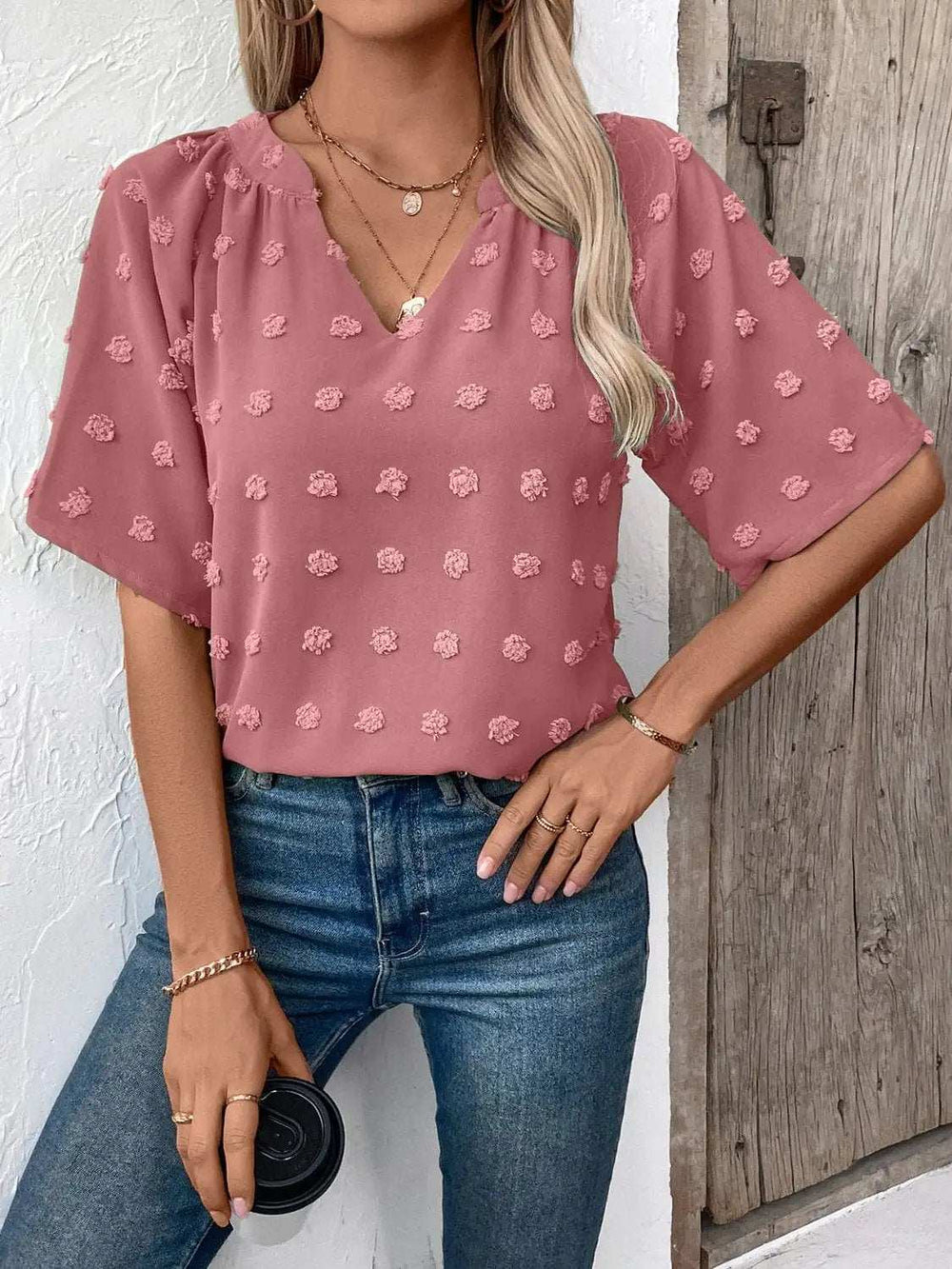 Swiss Dot Notched Half Sleeve Blouse - Trendsi - Flyclothing LLC