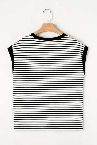 Striped Round Neck Cap Sleeve Top - Trendsi - Flyclothing LLC