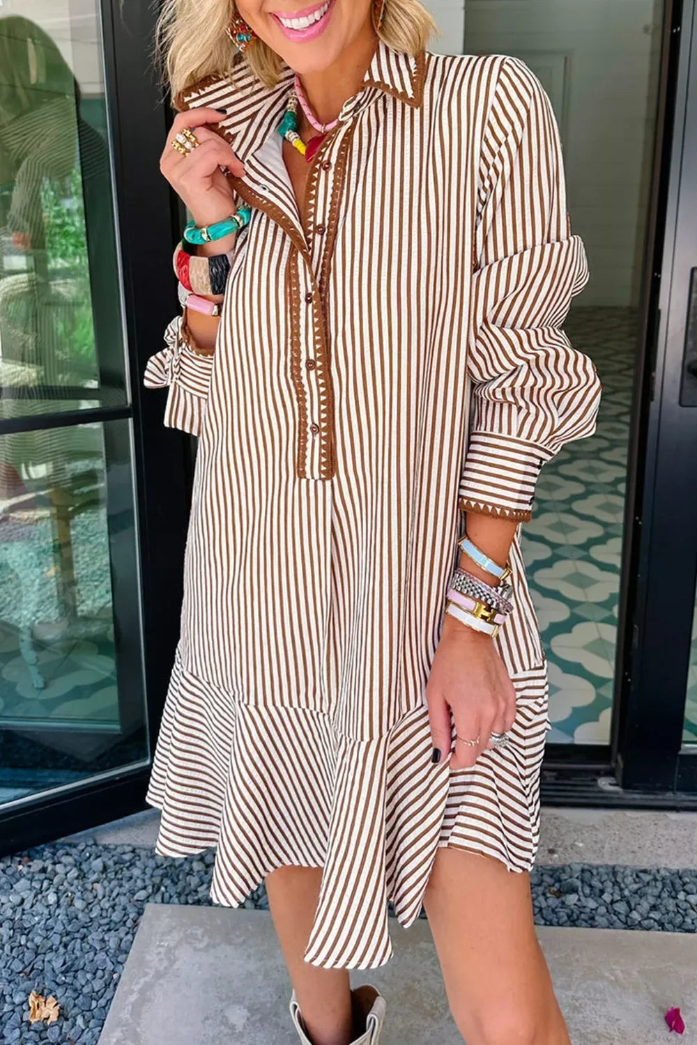 Striped Ruffle Hem Shirt Dress - Trendsi - Flyclothing LLC