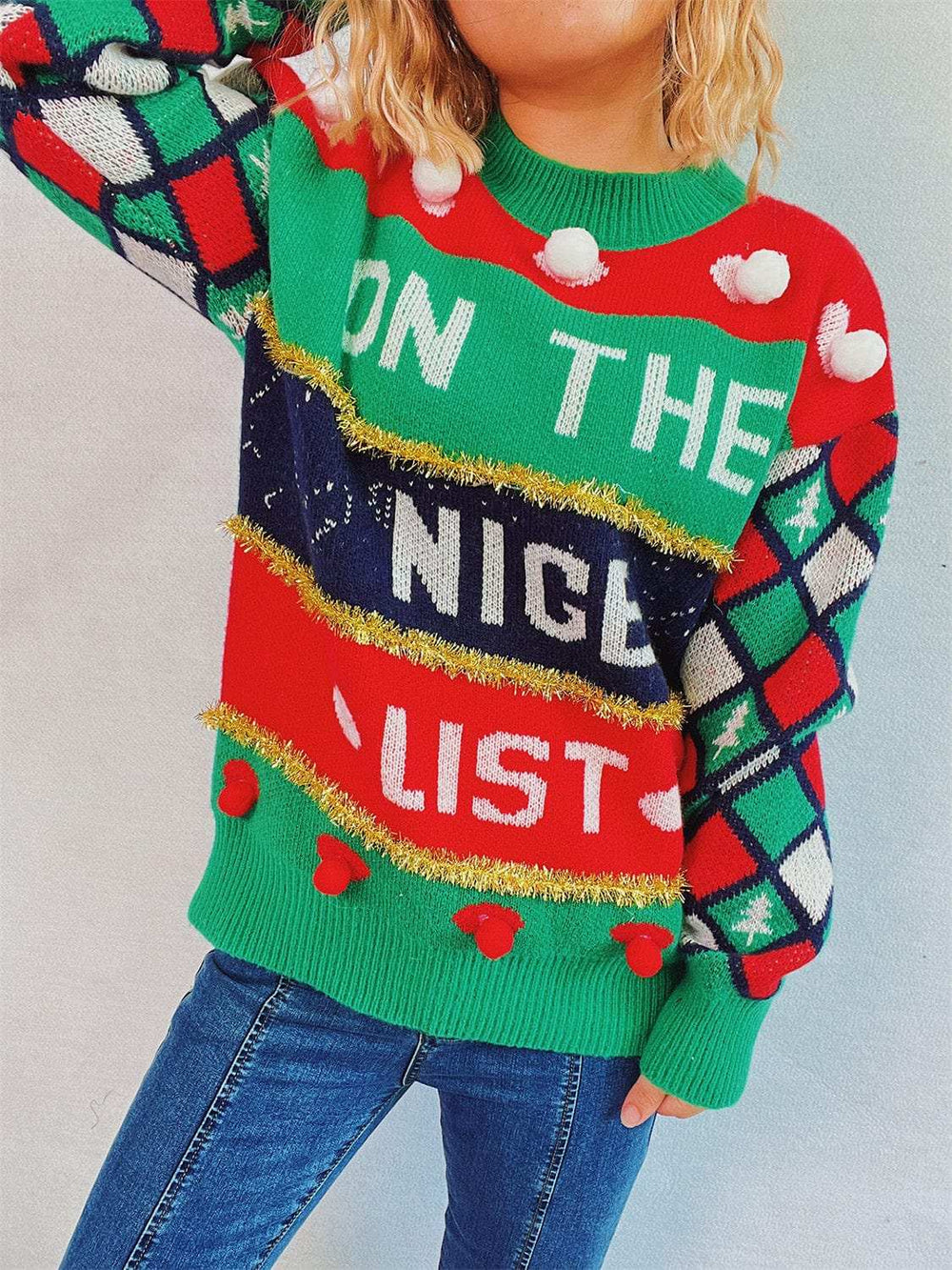 Pom-Pom Contrast Round Neck Long Sleeve Sweater - Trendsi - Flyclothing LLC