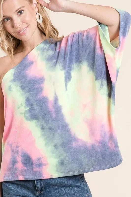 BiBi Tie Dye French Terry One Shoulder Top with Dolman - Trendsi - Flyclothing LLC