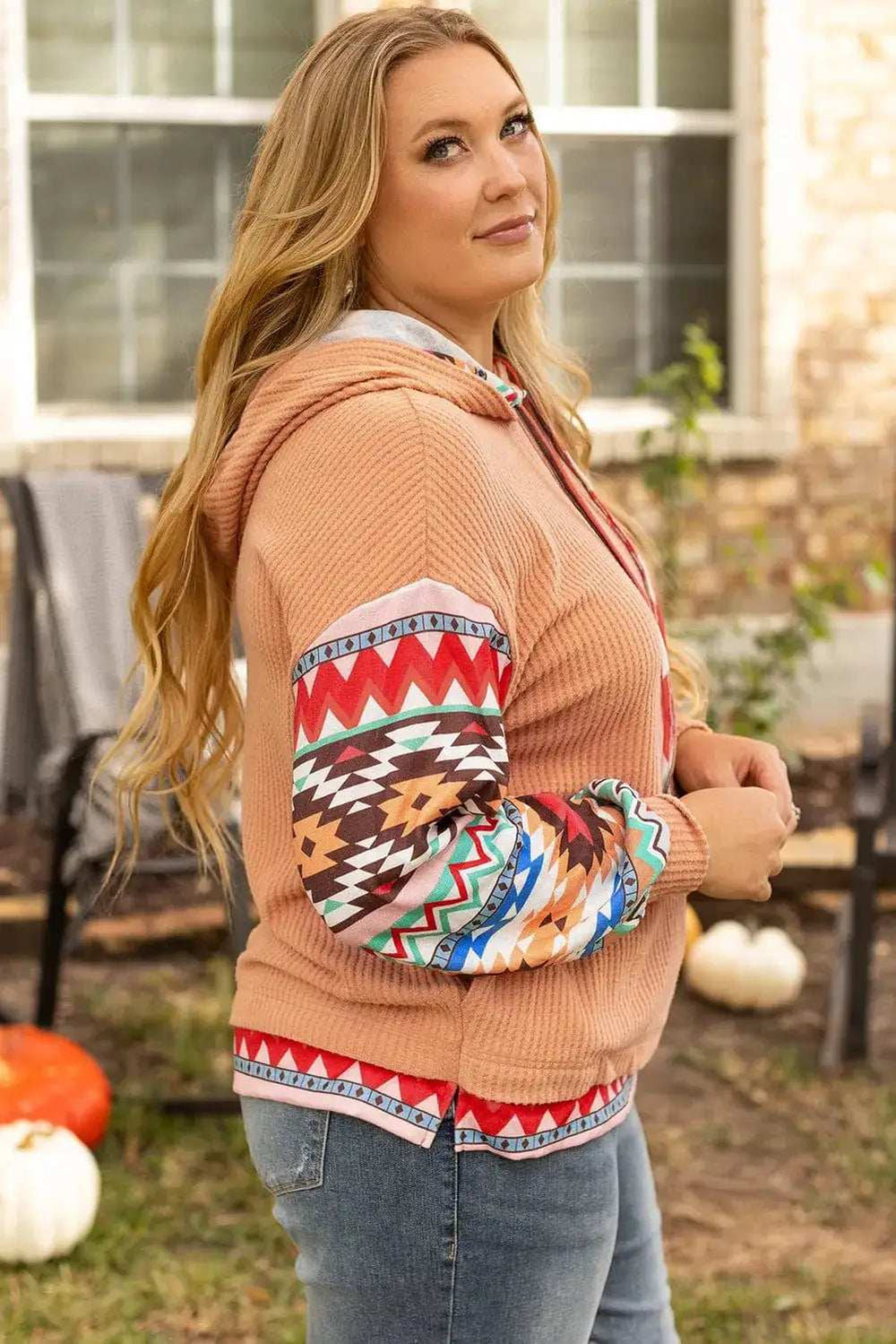 Plus Size Drawstring Geometric Long Sleeve Hoodie - Trendsi - Flyclothing LLC