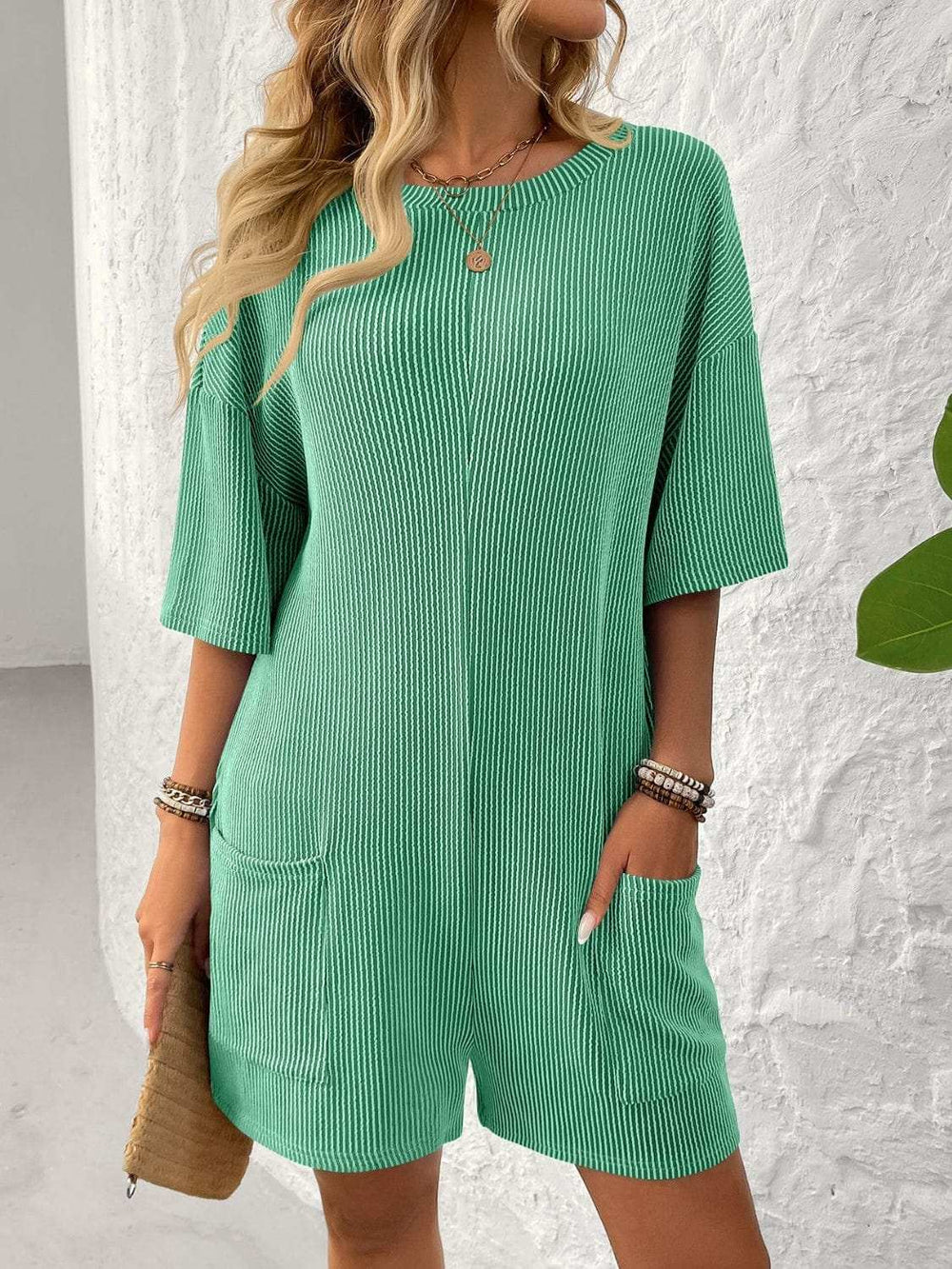 Backless Textured Round Neck Half Sleeve Romper - Trendsi - Flyclothing LLC