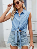 Collared Neck Sleeveless Denim Top - Trendsi - Flyclothing LLC