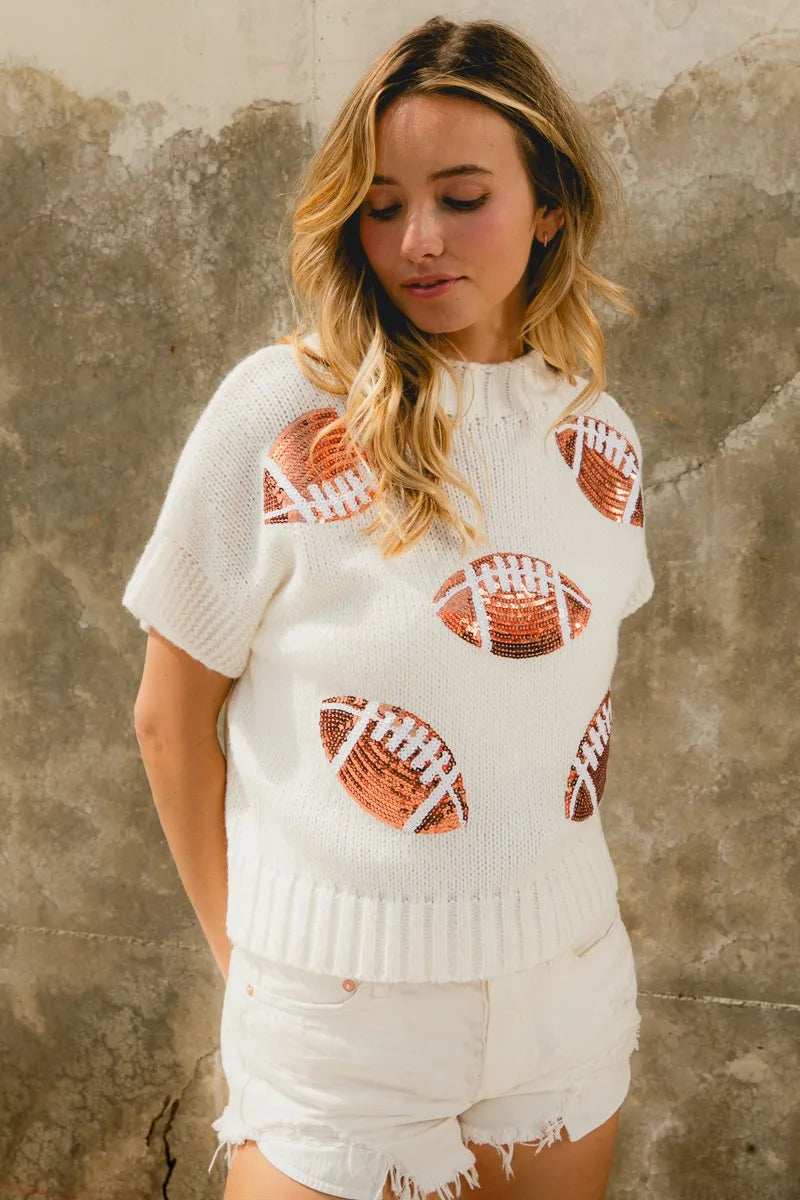 BiBi Gameday Sequin Football Patches Rib Banded Sweater - Trendsi - Flyclothing LLC