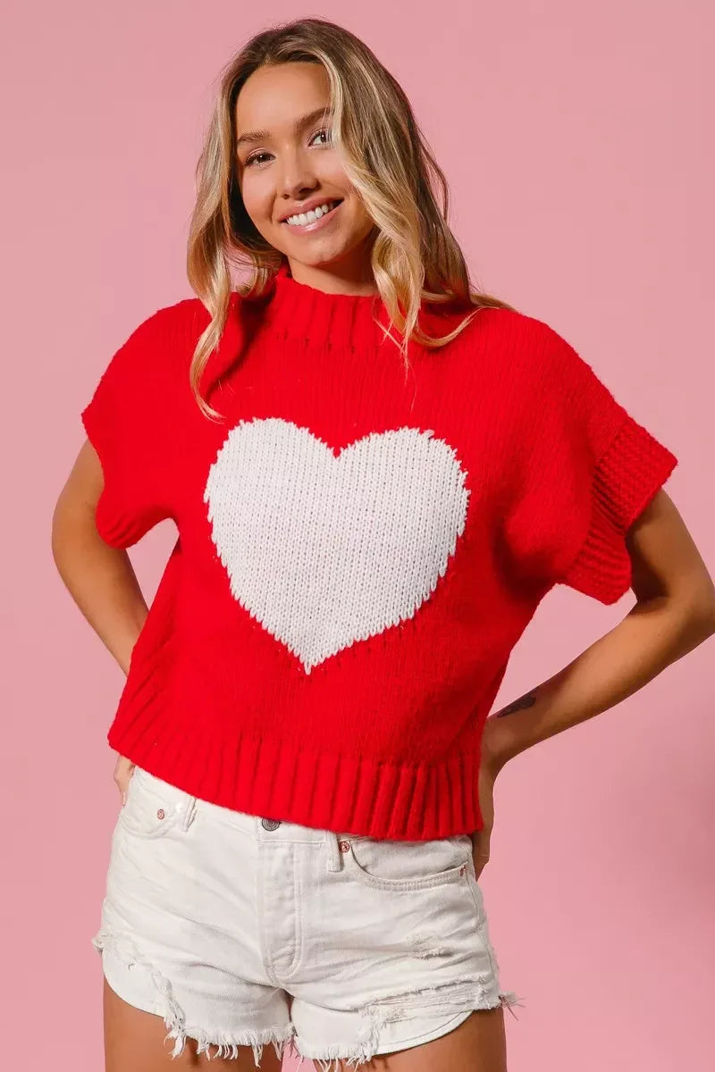 BiBi Rib Banded Heart Pattern Valentines Sweater - Trendsi - Flyclothing LLC