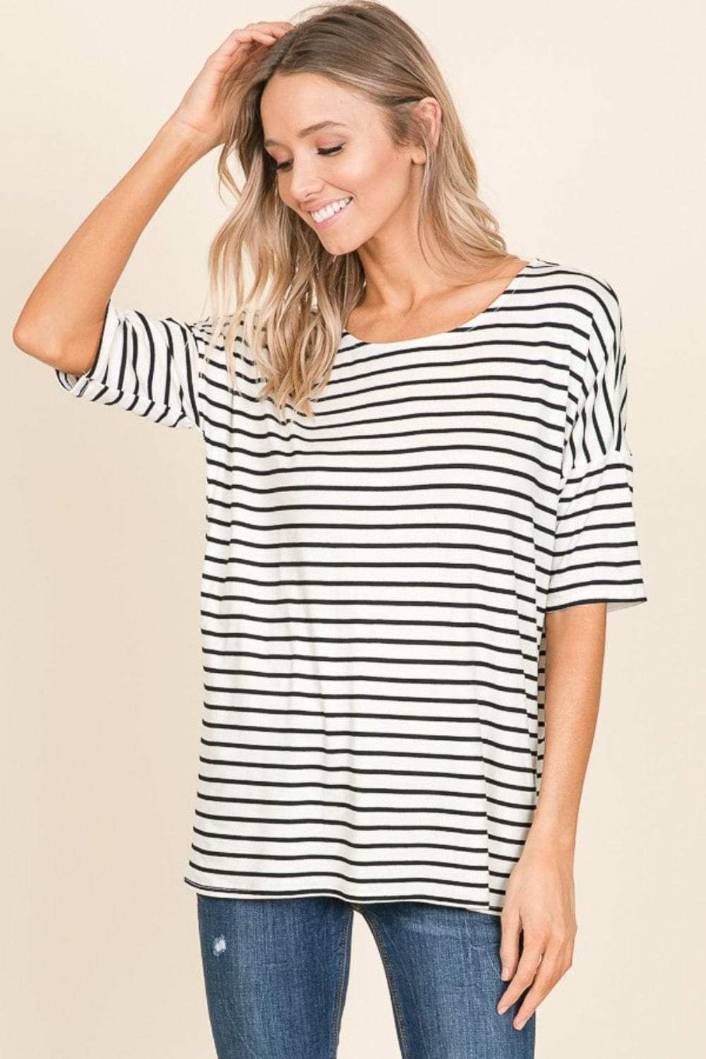 BOMBOM Striped Round Neck T-Shirt - Trendsi - Flyclothing LLC