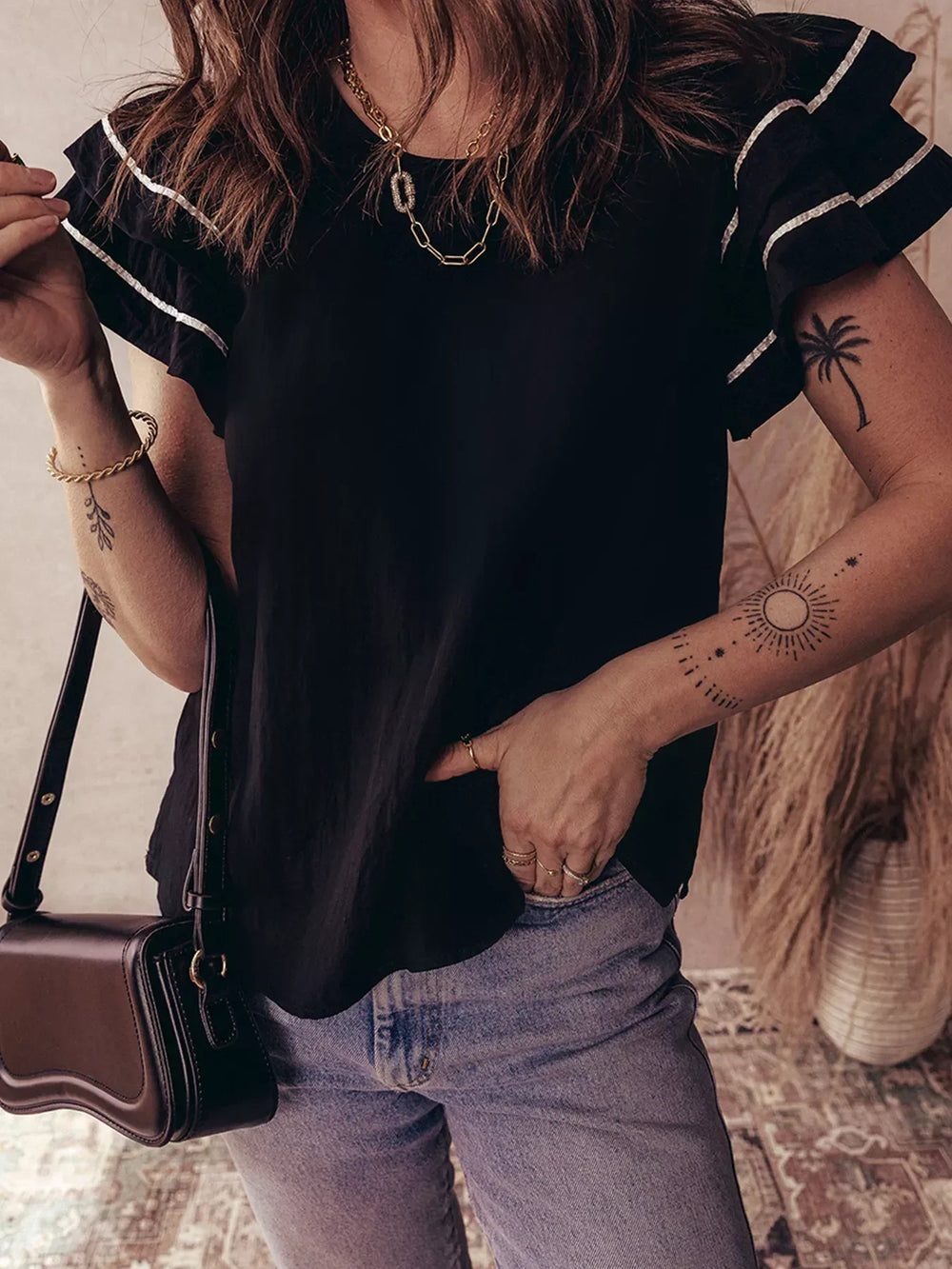 Contrast Trim Dual Ruffle Short Sleeve Textured Blouse - Trendsi - Flyclothing LLC