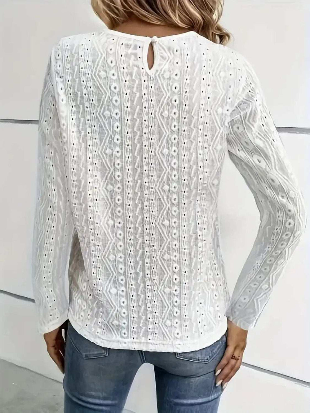 Lace Eyelet Long Sleeve Top - Trendsi - Flyclothing LLC