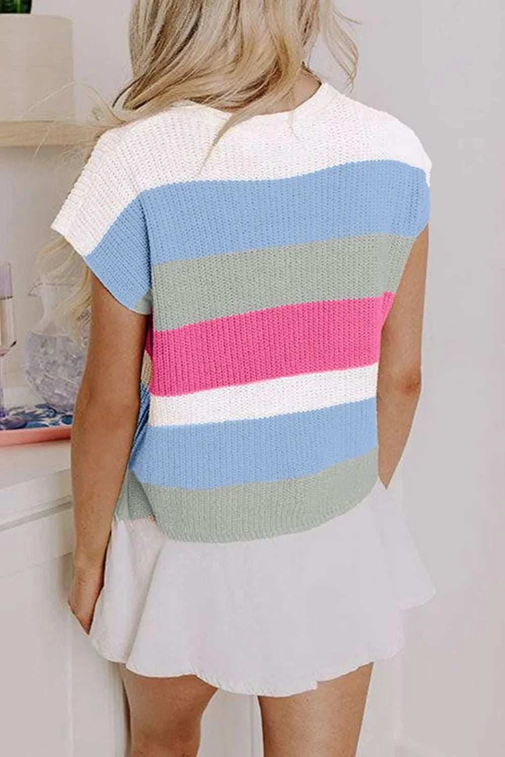 Color Block Notched Cap Sleeve Knit Top - Trendsi - Flyclothing LLC