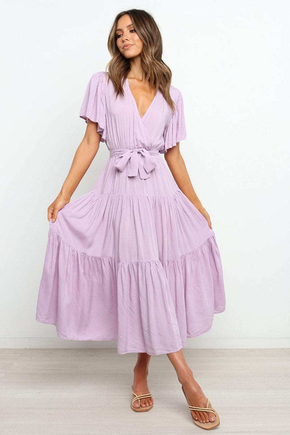 Tied Back Tiered Short Sleeve Midi Dress - Trendsi - Flyclothing LLC