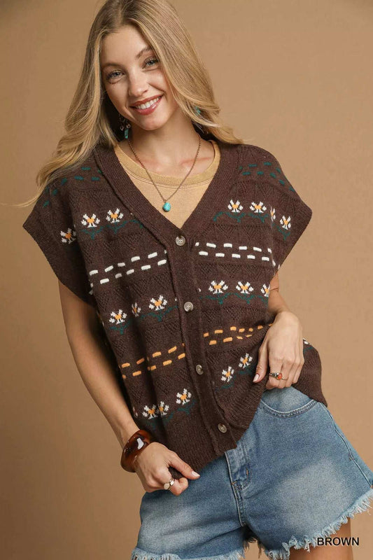 Umgee Button-Down Knit Vest with Floral Pattern - Trendsi - Flyclothing LLC